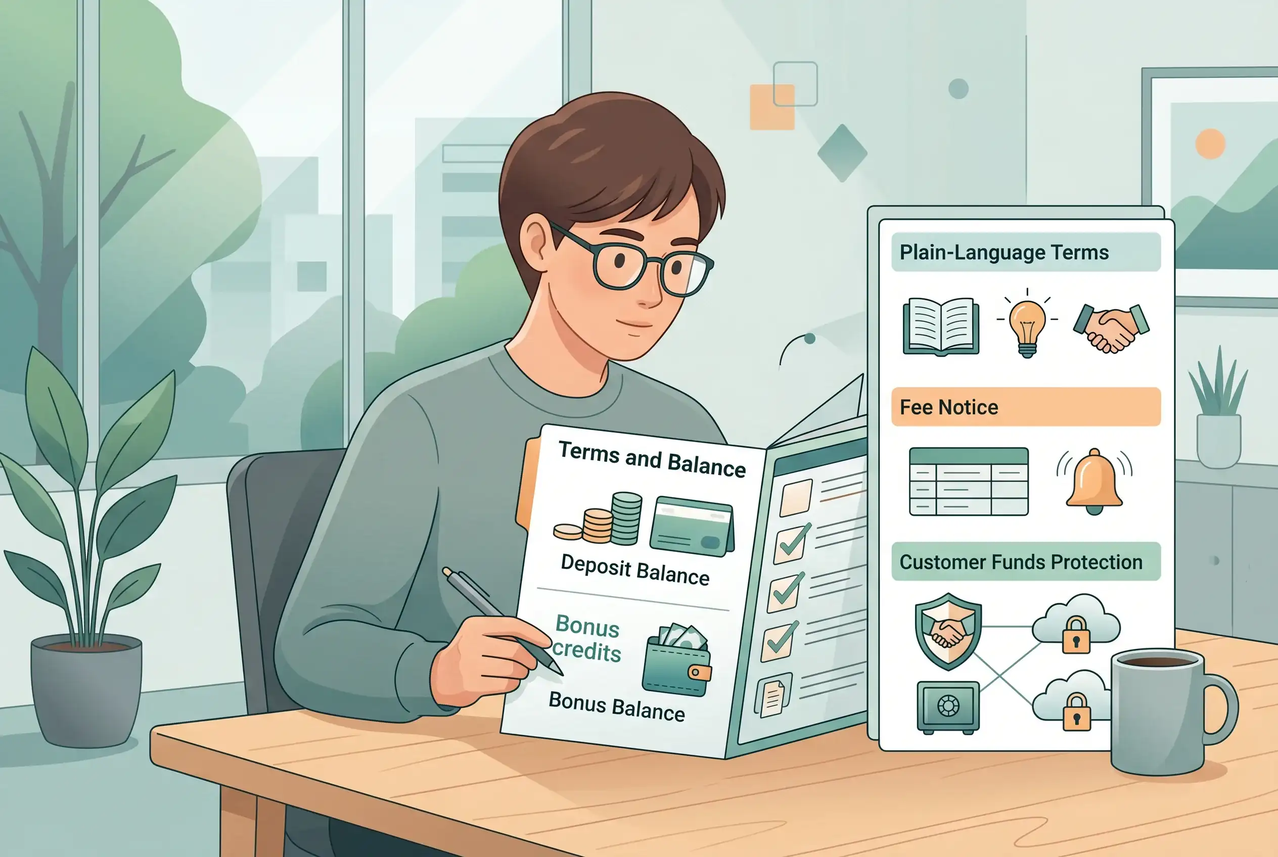 Checklist comparing deposit balance, bonus balance, withdrawal terms and customer funds wording