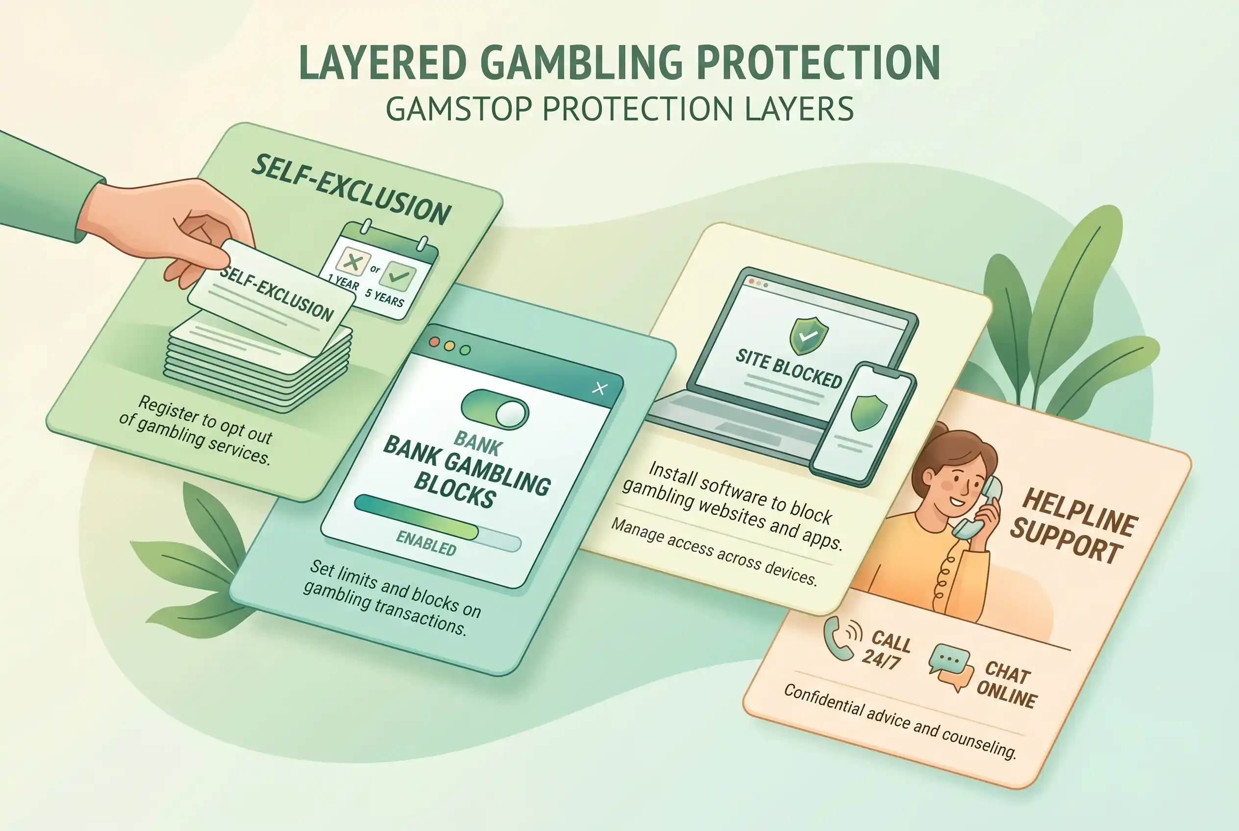 Layered protection options including self-exclusion, bank blocks and support