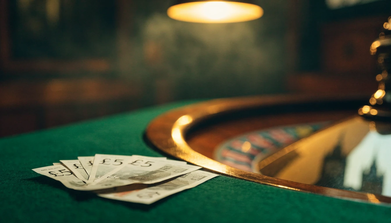 British five-pound notes beside a roulette wheel on a green felt surface with warm amber lighting.