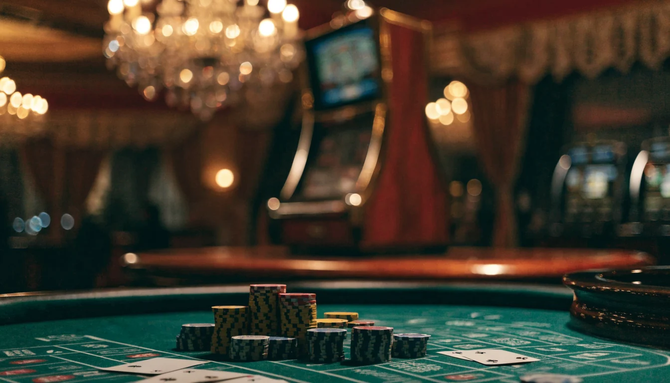 Elegant London casino interior with roulette table and stacked chips at night