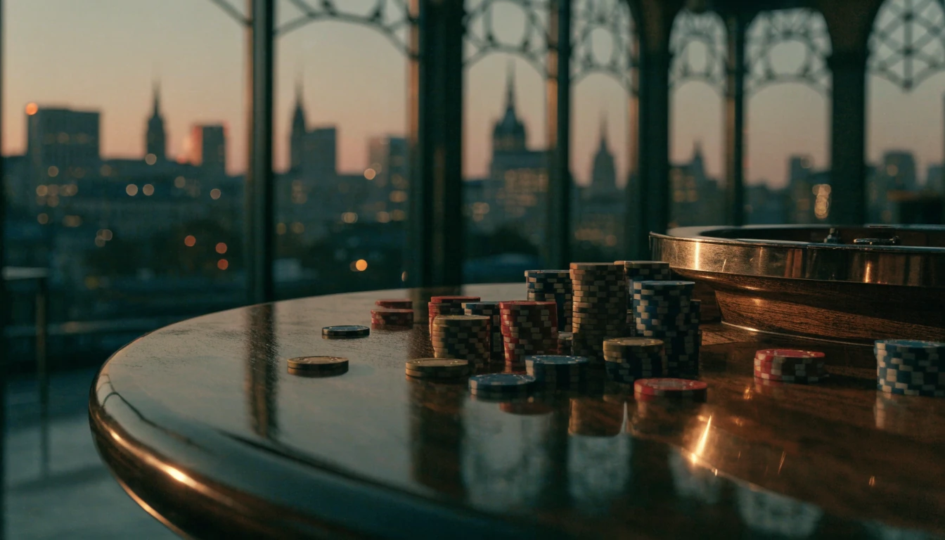 Casino table with chips and roulette wheel overlooking London skyline at dusk