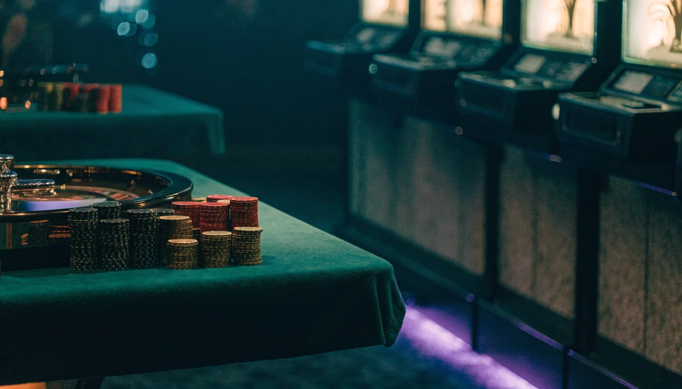 Moody casino interior with stacked chips, roulette wheel and softly blurred slot cabinets in the background.