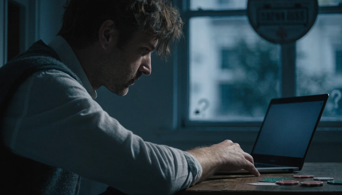 British player contemplating a closed laptop with casino chips nearby, representing unlicensed gambling