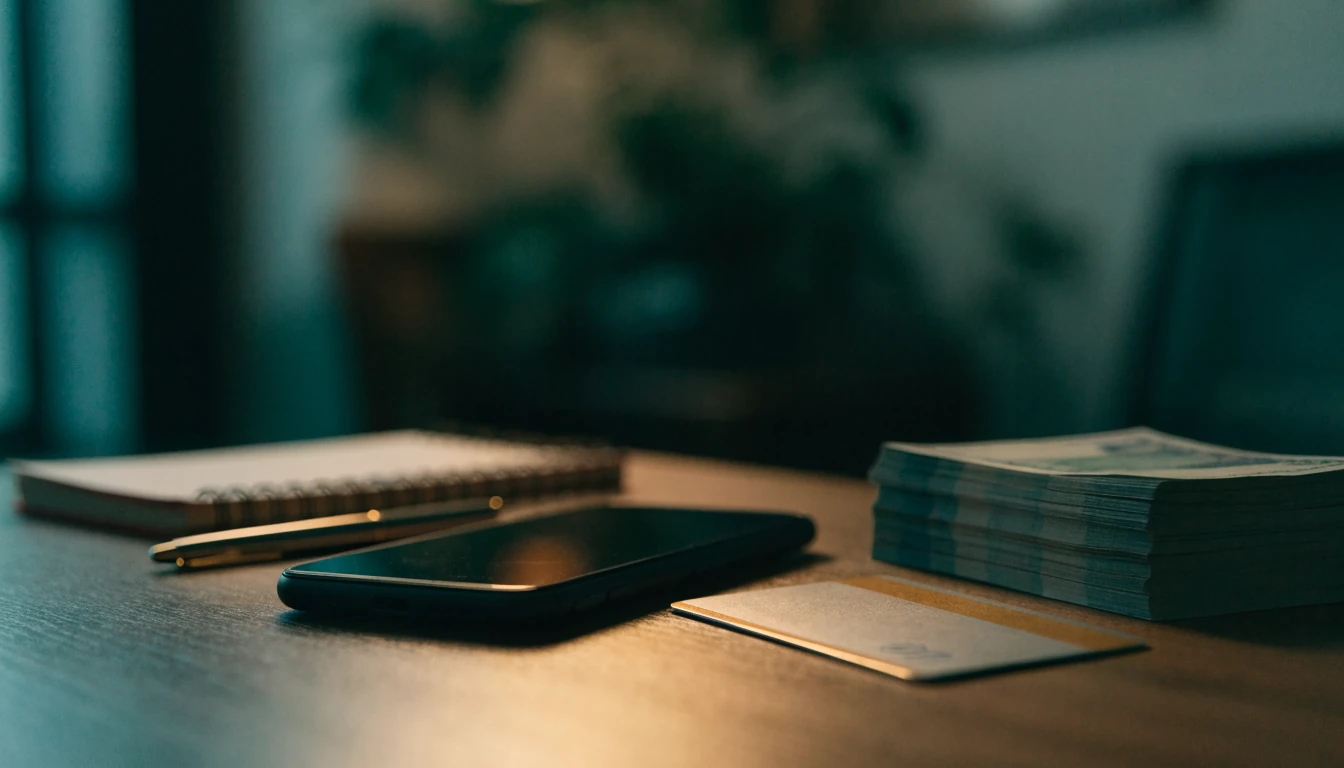 Smartphone face-down on a desk with a bank card, pound notes, and a notebook.