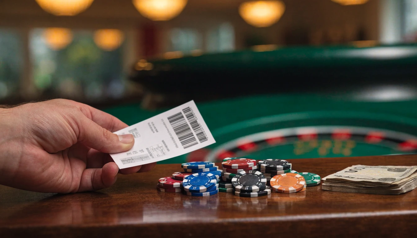UK casino cashier counter with CashToCode voucher, pound notes, and casino chips