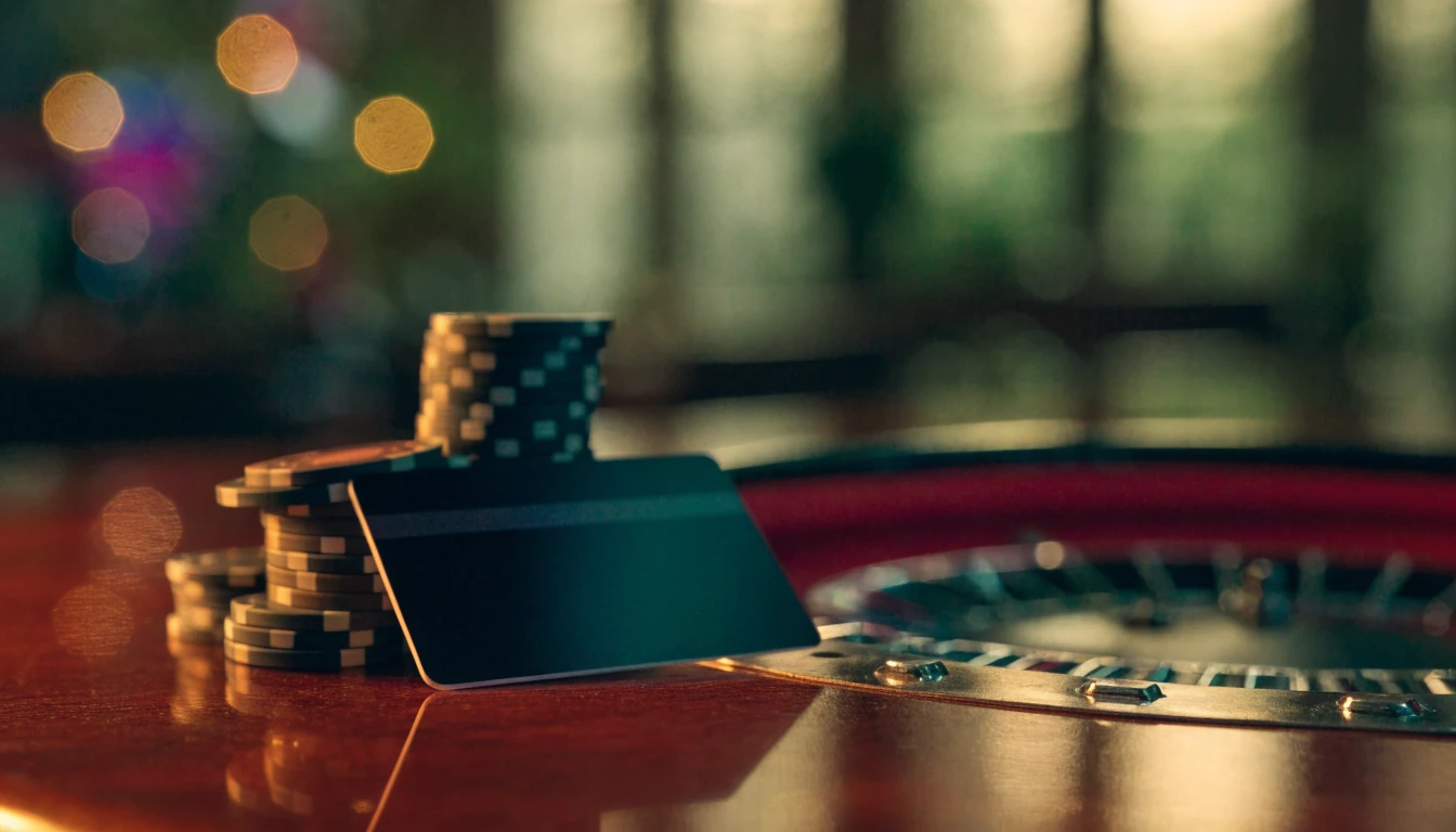 Casino table with chips, roulette wheel and a debit card