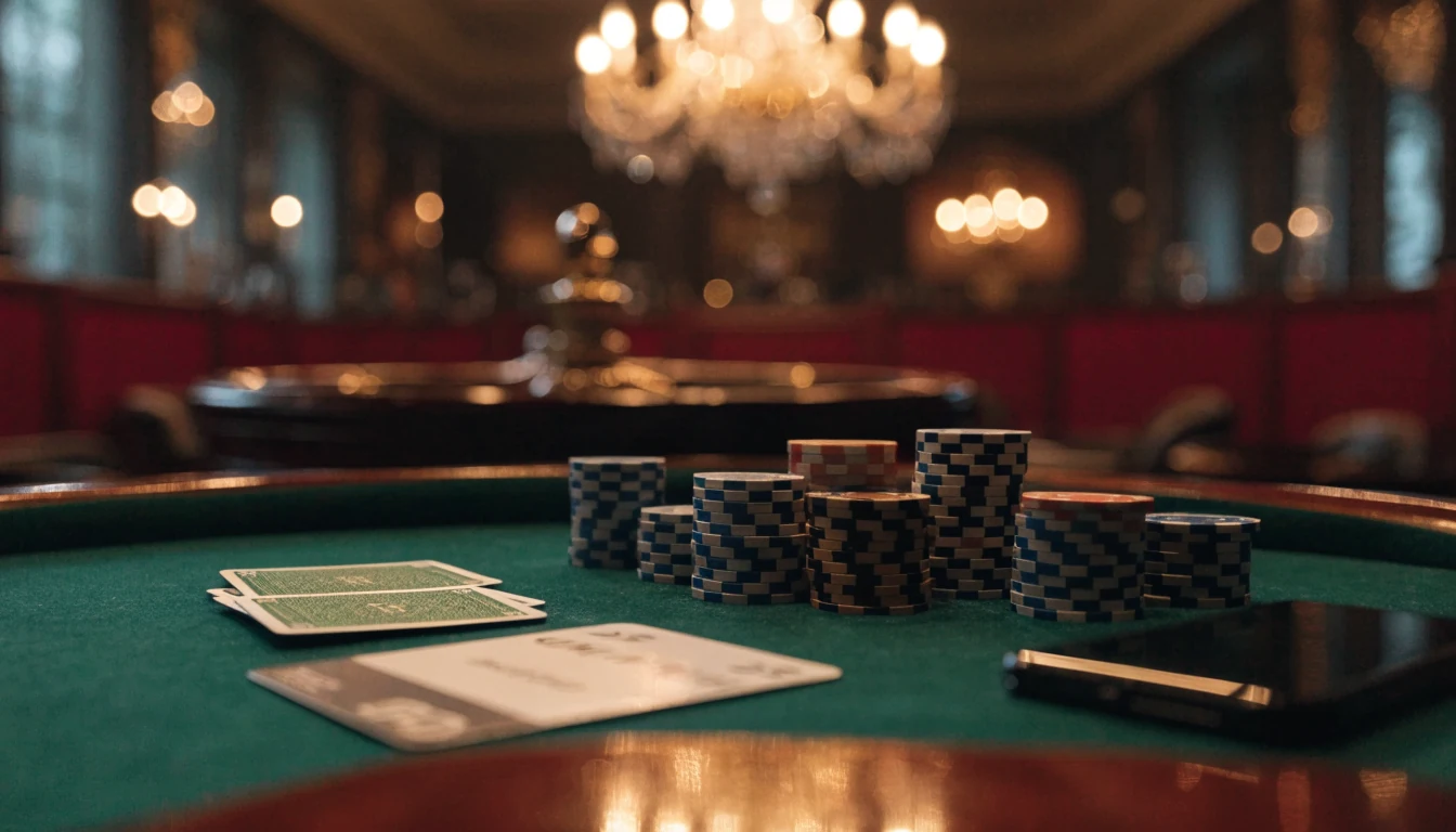 Elegant UK casino interior with stacked chips, playing cards, and a bank card on a green felt table