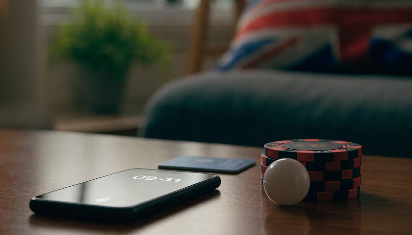Smartphone, payment card and casino chips on a table in a modern British interior.