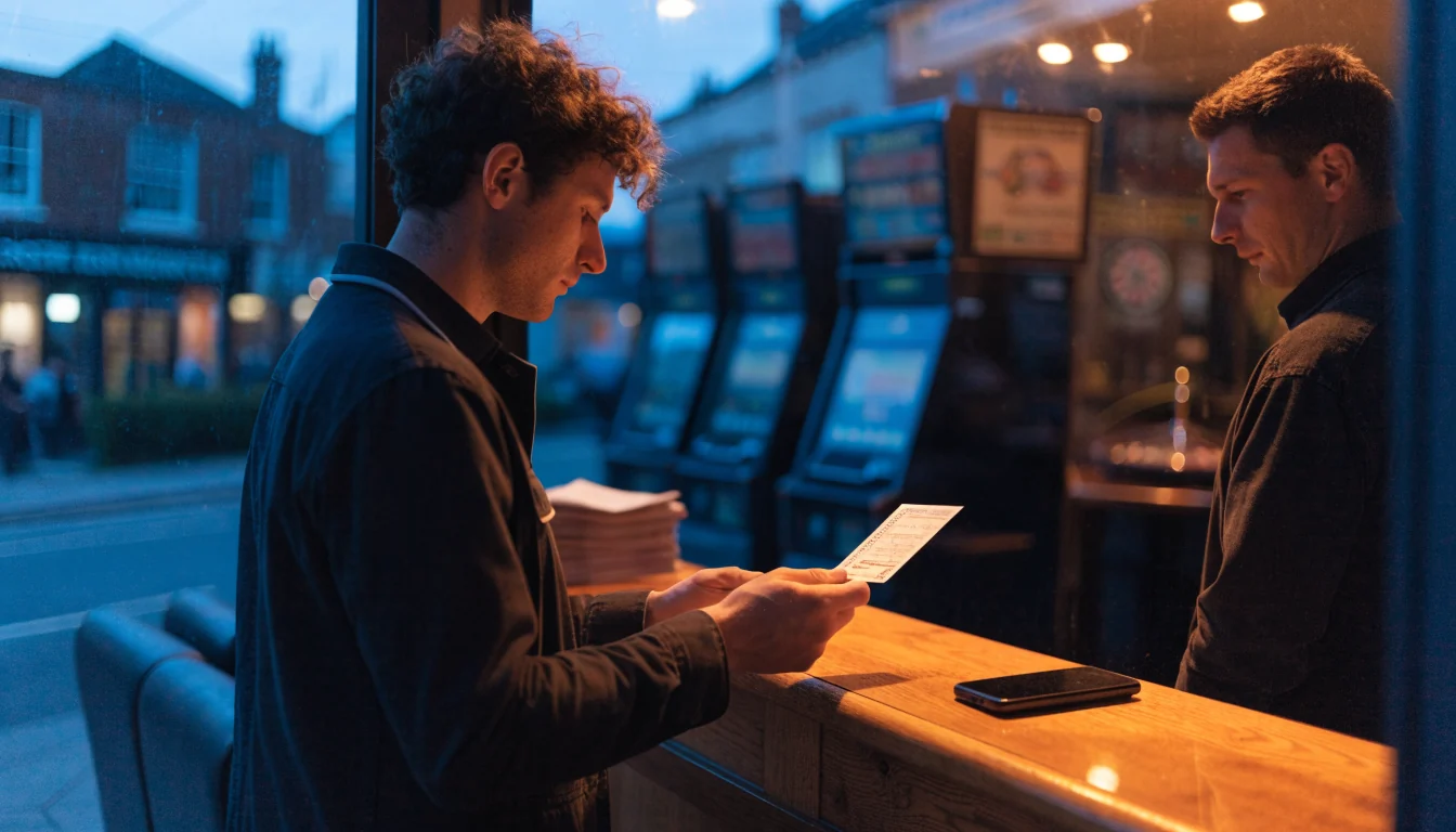 Customer verifying payment method at UK betting shop cashier counter