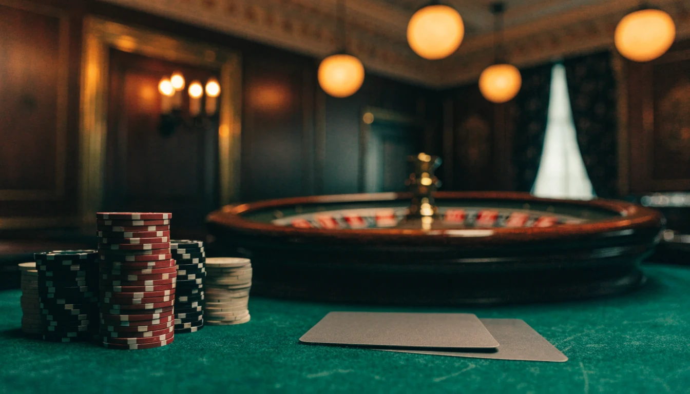British casino interior with chips, roulette wheel, and generic payment card on green felt table.