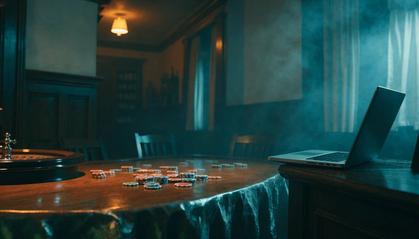 Atmospheric backroom casino scene with chips, roulette wheel, and hidden laptop screen