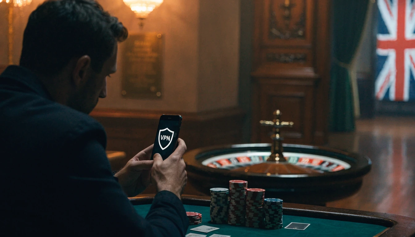 Man at London casino card table using phone with VPN shield icon