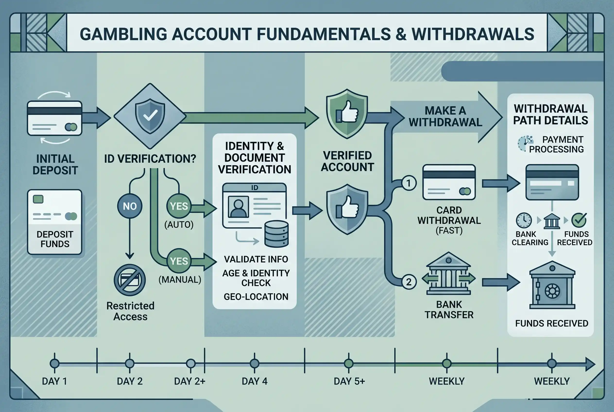 Decision path showing payment, identity and withdrawal checks for a gambling account